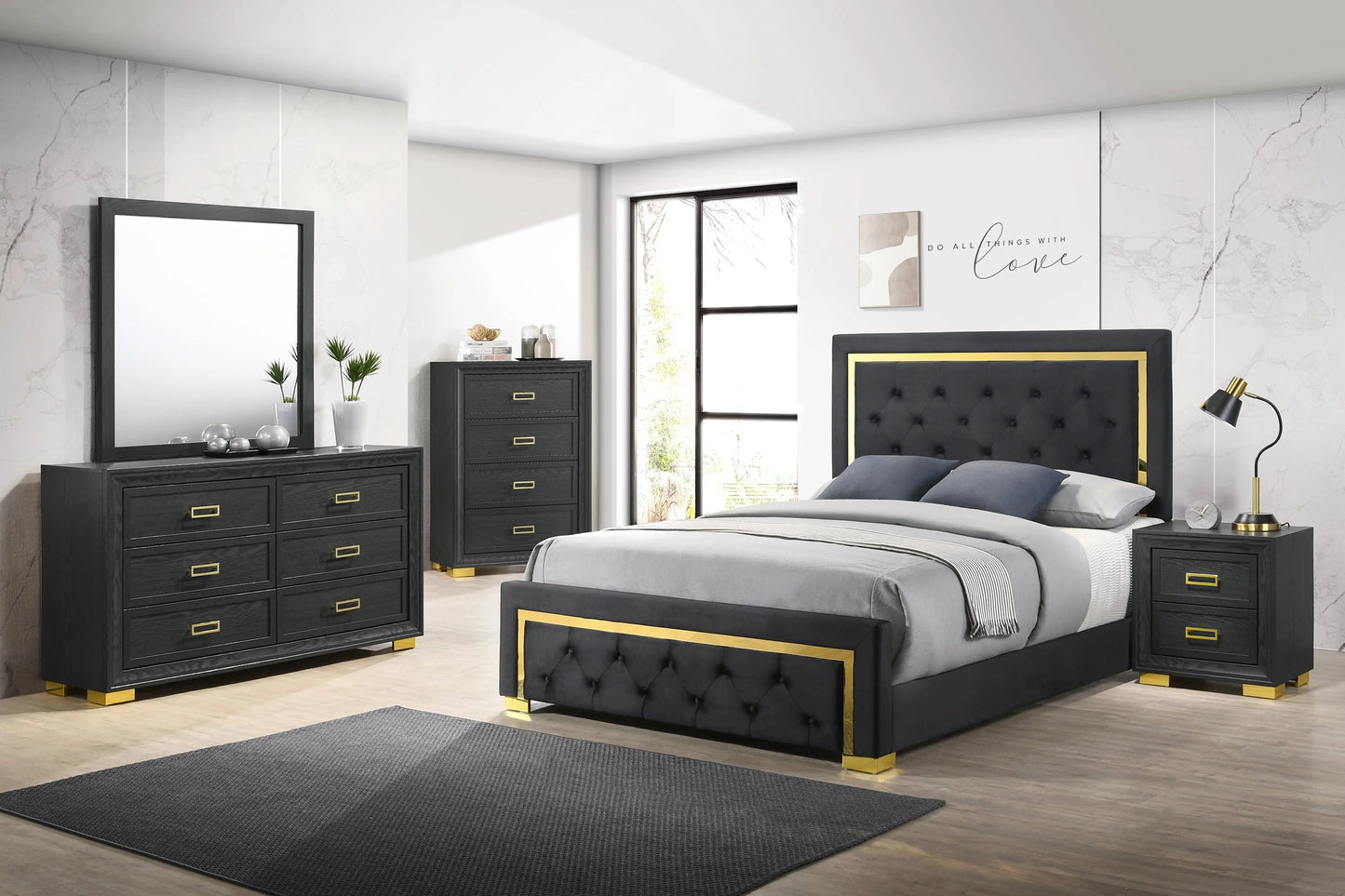 Black UPH Styled with Gold Accents Bedroom Collection