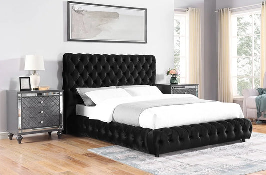 Black Upholstered Tufted Platform Bed