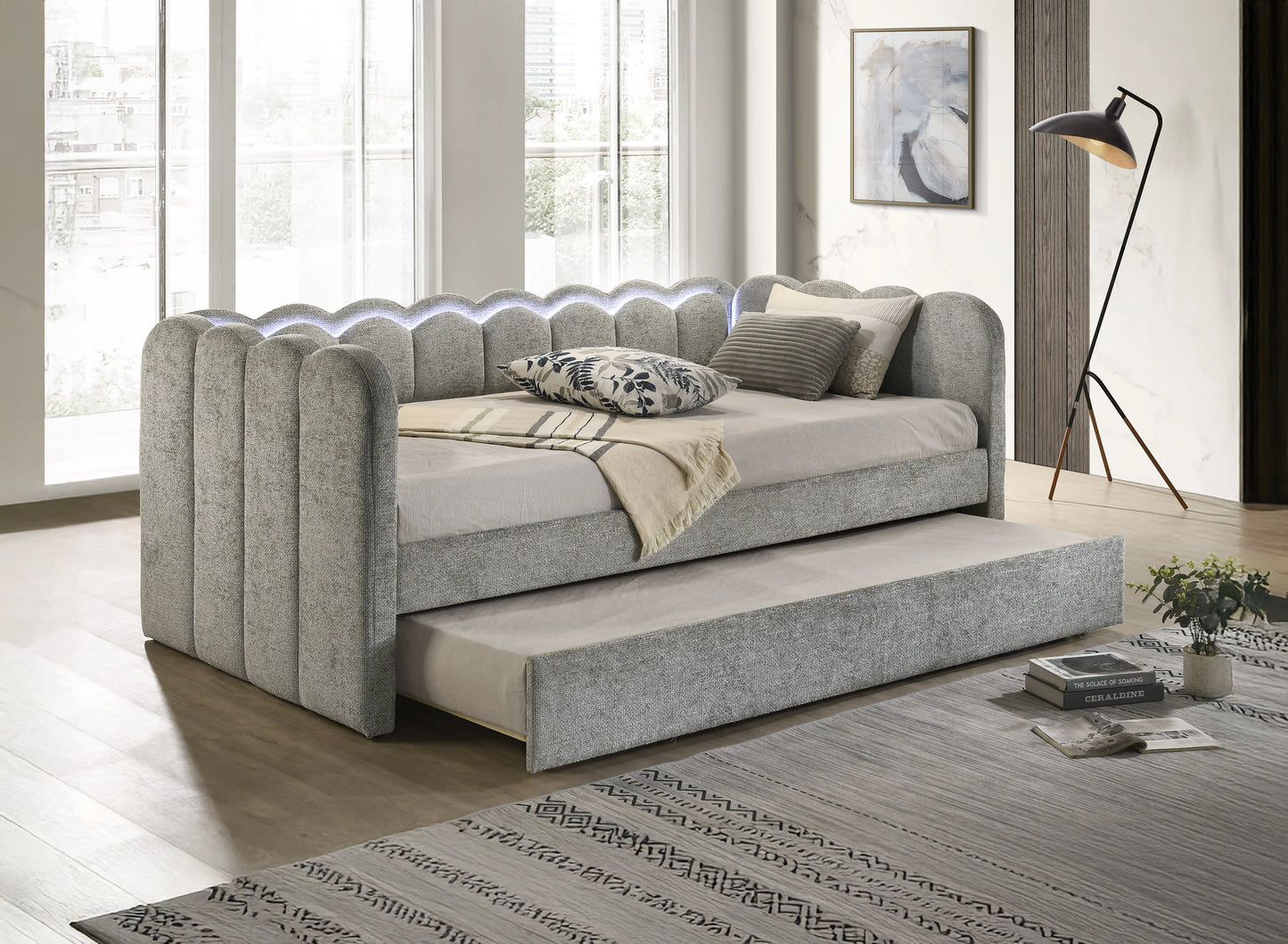 Upholstered Light Grey LED Daybed